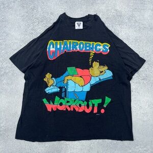 Vintage 90s Single Stitch Distressed Faded Black Chairobics Workout T-Shirt